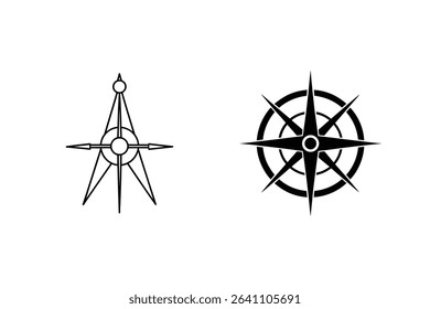 Two black and white compass rose designs suitable for navigation and directional concepts