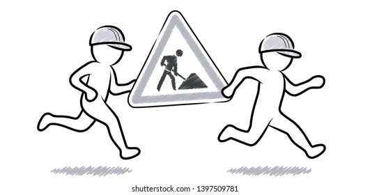 Two black and white construction workers carrying a construction site sign / Contour vector drawing