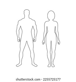Zwei schwarz-weiße Konturen menschliche Figuren. Mann und Frau stehen Seite an Seite. Unpersönliche Charaktere der proportionalen Physik. Männlich und weiblich einzeln. Körpersilhouetten für Medizin oder Sportdesign.