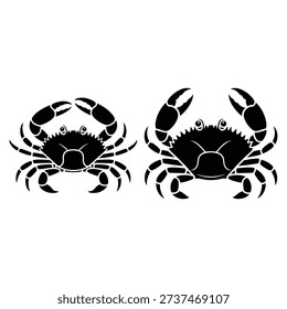 Two black and white crab illustrations facing each other on a white background