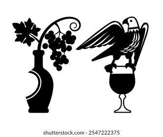 Dos logotipos y emblemas decorativos en blanco y negro con un pájaro y vino haciendo símbolos en estilo de grabado vintage aislado en blanco. Ilustración vectorial