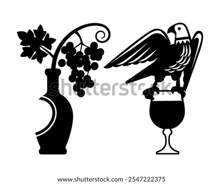 Two black and white decorative logos and emblems with a bird and wine making symbols in vintage engraving style isolated on white. Vector illustration
