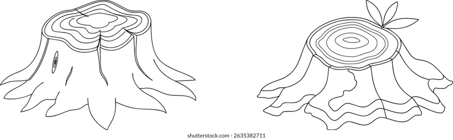 Two black and white detailed illustrations of tree stumps showing growth rings and leaves