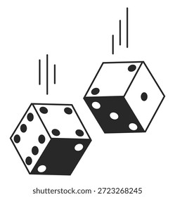 Zwei schwarz-weiße Würfel fallen auf den Spieltisch. Casino-Spiele. Wirf oder wirf Leitungswürfel. Glück gehabt. Glücksrisiko. Vegas scheißt Fallbewegung. Roulette gewinnt Wetten. Vektorkonzept des Spielens