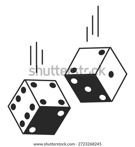 Two black and white dice fall down onto gaming table. Casino games. Toss or throw line cubes. Lucky chance. Fortune risk. Vegas craps falling motion. Roulette win betting. Vector concept of gambling