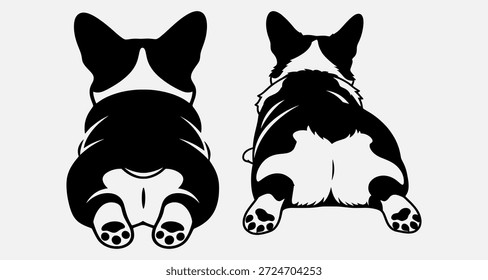 Dos vistas traseras de perros en blanco y negro, sentados, mirando hacia afuera del espectador.
