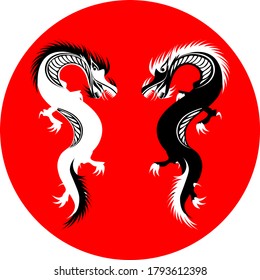 two black and white dragons on red circle