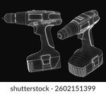 Two black and white drawings of a power drill. The drill is shown in different angles and positions