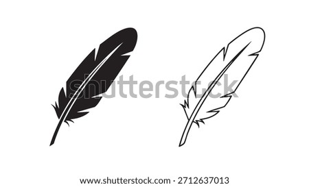 Two black and white feathers. One is pointing to the right and the other is pointing to the left