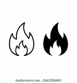 Dois ícones de fogo preto e branco, um contornado, um sólido, contra um fundo branco.