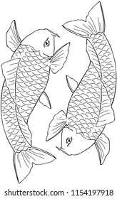 two black and white fish swim in different directions