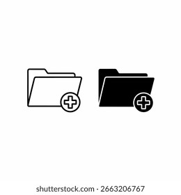 Dos iconos de carpeta en blanco y negro, un contorno y un sólido, ambos con un signo más.