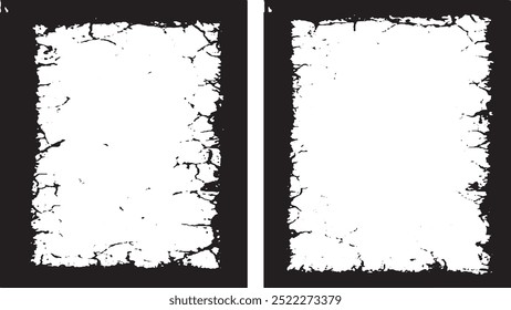 two black and white frames with cracks on them, three white vertical banners with black borders, a square frame with black and white grunge effect paint set