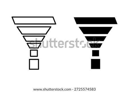 Two black and white funnel diagrams with multiple levels and rectangles at the bottom outline