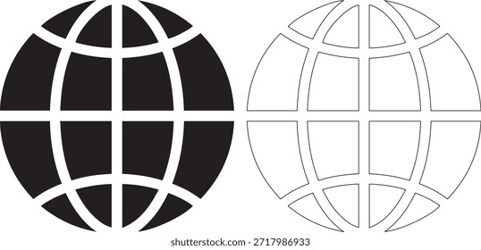 Dos iconos de globo blanco y negro con líneas que se cruzan sobre un fondo blanco puro, que representan las conexiones y redes globales en un estilo simple y moderno.