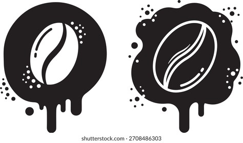 Dois ícones gráficos em preto e branco de grãos de café são representados com líquido escorrendo e pontos espalhados em um fundo branco.