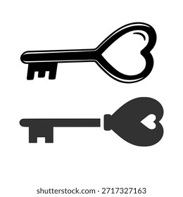 Dos ilustraciones gráficas en blanco y negro de llaves, cada una con un arco en forma de corazón, presentadas como un contorno y una silueta sólida sobre un fondo blanco.