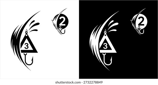 Two black and white graphic illustrations depict stylized fishing lure designs, one featuring a triangular weight with the number '3' and a fish hook, and the other a circular design with the number '2' and a small anchor, both surrounded by dynamic splash elements