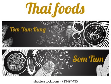 two black and white gray scale Thai delicious and famous food banner on gray background.river prawn spicy soup tom yum kung,papaya salad som tum and ingredient with,vector illustration