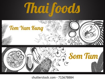 two black and white gray scale Thai delicious and famous food banner.river prawn spicy soup,papaya salad and ingredient with black and white gray scale background,vector illustration