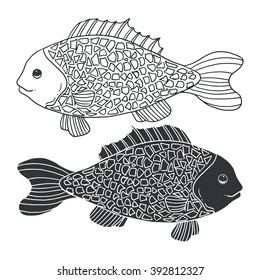 Two black and white hand-drawn fish. Detailed isolated figure. Vector illustration