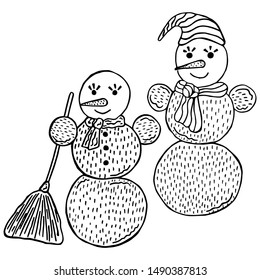 Two black and white hand-drawn snowmen in Scandinavian style on a white background. Doodles for storytelling. Children's vector illustration.