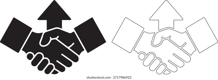 Dos iconos de apretón de manos en blanco y negro con una flecha hacia arriba sobre un fondo blanco puro, que simbolizan el Acuerdo, la colaboración y el crecimiento en un estilo simple y profesional.