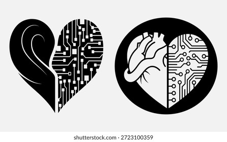 Duas ilustrações de coração preto e branco, uma com placa de circuito e a outra com coração humano, simbolizando tecnologia e humanidade