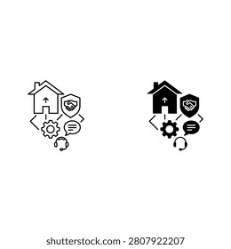 Two black and white house icons with various symbols around them light bulb dwelling place