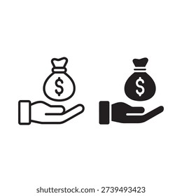 Two black and white icons depicting a hand holding money bags