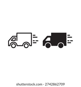 Two black and white icons depicting a speeding delivery van