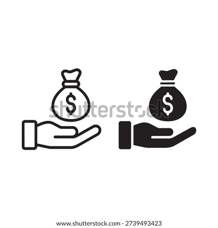 Two black and white icons depicting a hand holding money bags