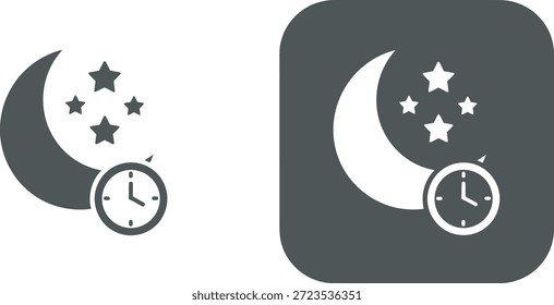 Two black and white icons featuring a crescent moon with stars and an analog clock