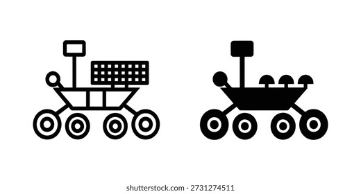Dos iconos en blanco y negro de un rover de Marte, uno delineado y el otro negro sólido, mostrando sus ruedas, chasis, paneles solares y antena.