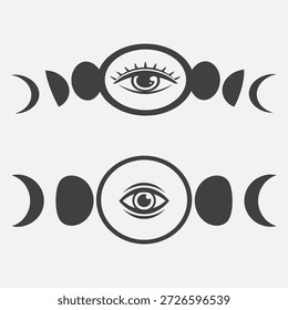 Dos ilustraciones en blanco y negro de un ojo rodeado de fases lunares sobre un fondo blanco liso, que simbolizan el misticismo y la espiritualidad.