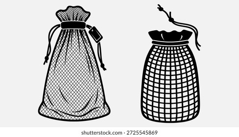 Dos ilustraciones en blanco y negro de bolsas de malla con cordones sobre un fondo liso.