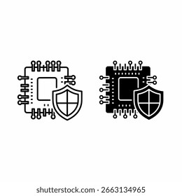 Duas ilustrações em preto e branco de microchips com escudos, simbolizando a segurança cibernética.