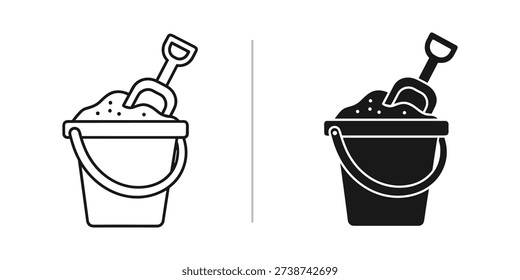 Two black and white illustrations of sand buckets filled with sand and shovels, side by side on a white background