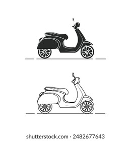 two black and white illustrations of a scooter, silhouette and line art