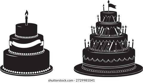 Dos ilustraciones en blanco y negro de pasteles de cumpleaños escalonados adornados con velas y Elementos decorativos.