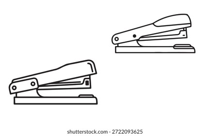 Dos ilustraciones en blanco y negro de grapadoras, una a la izquierda y otra a la derecha, sobre un fondo blanco.