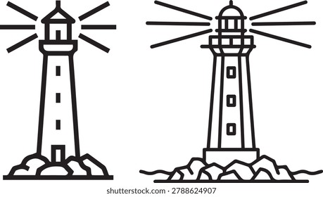 Two black and white line art illustrations of lighthouses emitting light beams, situated on rocky coastal outcrops.