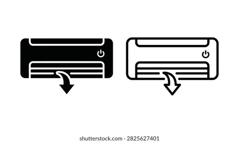 Two black and white line art icons depicting an air conditioner unit, each featuring a power button and an arrow