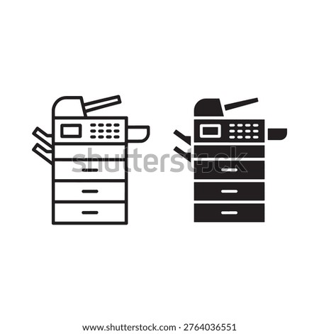 Two black and white line art depictions of office photocopy machines