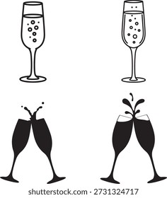 Two black and white line champagne flutes filled with bubbly liquid and two black silhouette champagne flutes clinking with splashes