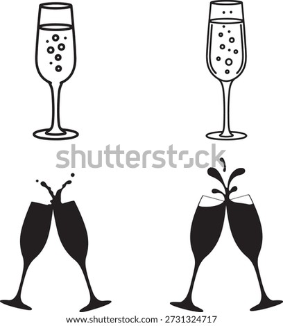 Two black and white line champagne flutes filled with bubbly liquid and two black silhouette champagne flutes clinking with splashes