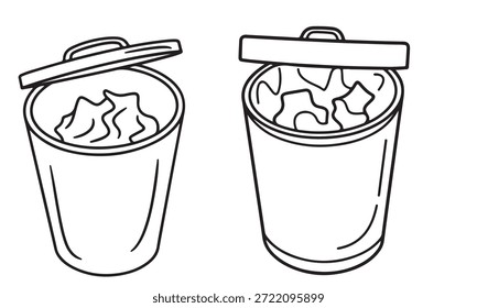 Dois desenhos em preto e branco de latas de lixo, ambos cheios de papel amassado e com as tampas ligeiramente grandes.