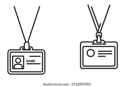 Dos dibujos de líneas en blanco y negro de insignias de Identificación con cordones. Una insignia muestra la silueta de una persona y la palabra "NOMBRE". La otra insignia muestra un círculo y líneas.
