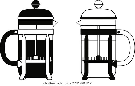 Two black and white line drawings of French press coffee makers, one from the front and one from the side, showcasing their design and structure.