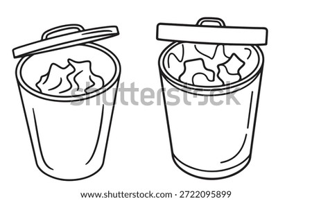 Two black and white line drawings of trash cans, both filled with crumpled paper and with their lids slightly ajar.